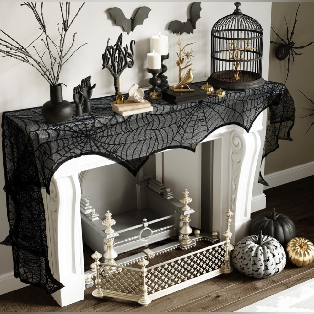 Halloween Decoration Black Lace Spiderweb Fireplace Mantle Cover 18” x 96” - Picture 8 of 9